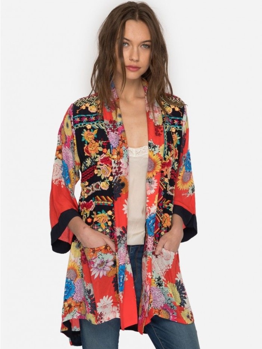 Johnny Was Mishka Rose Embroidery Silk Kimono Size Petite XS